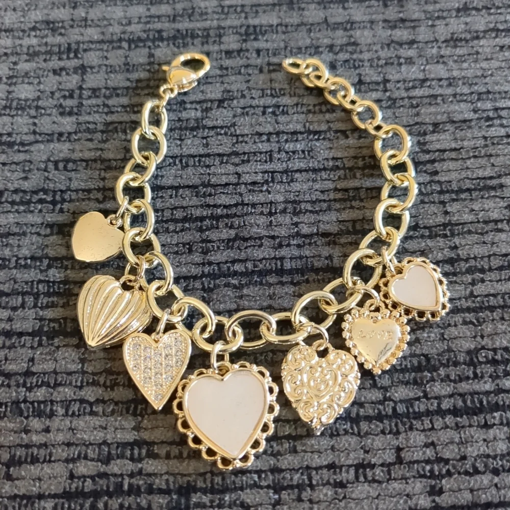 14K Gold Plated Mother of Pearl Heart Charm Bracelet with CZ – Adjustable 7.75
